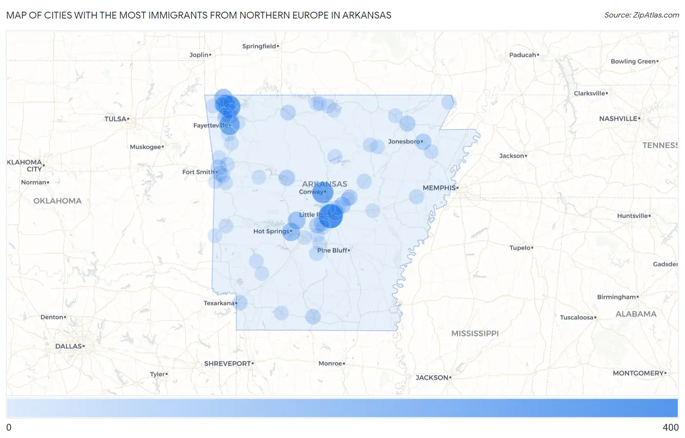 Cities with the Most Immigrants from Northern Europe in Arkansas Map