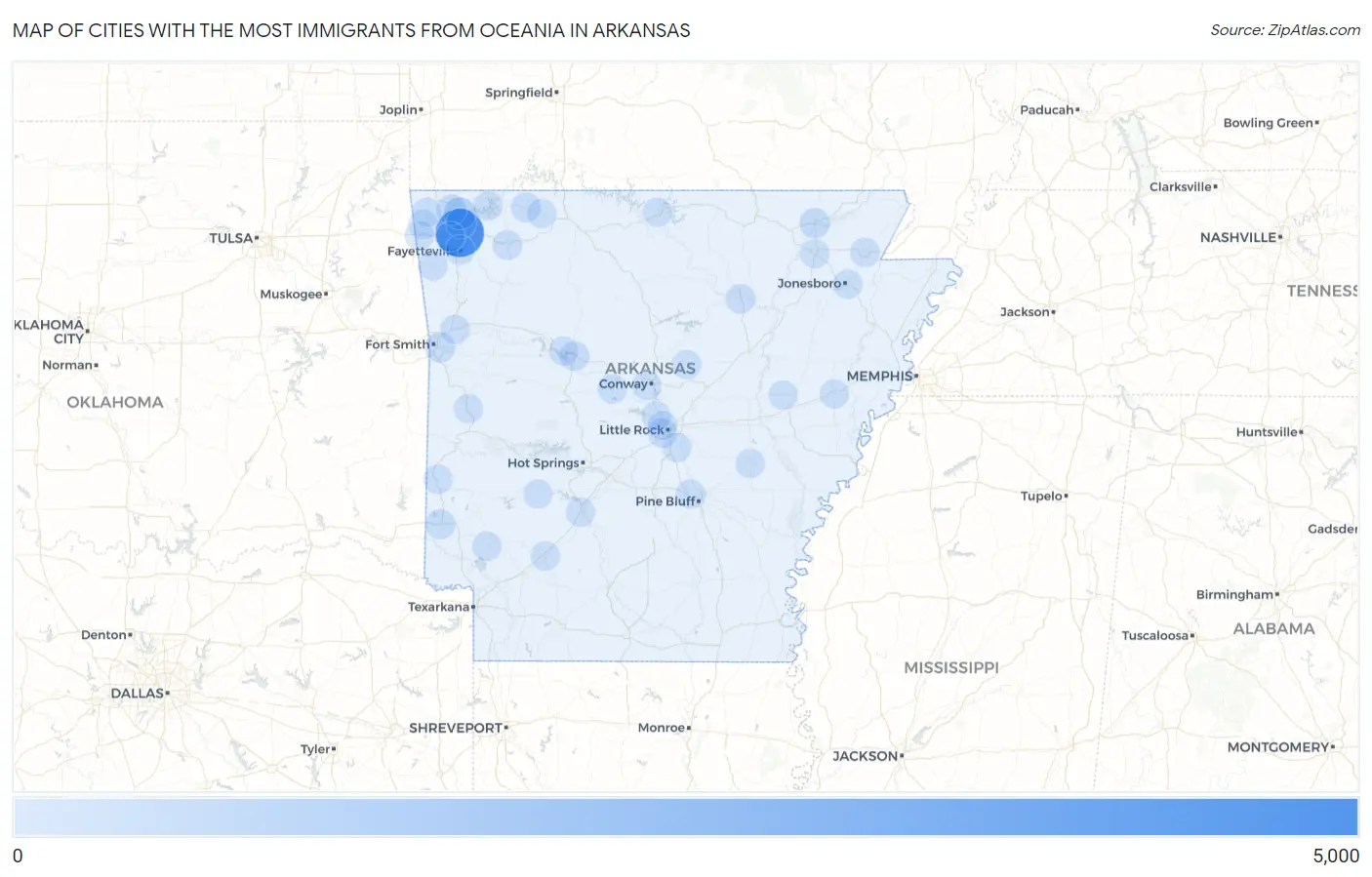 Cities with the Most Immigrants from Oceania in Arkansas Map