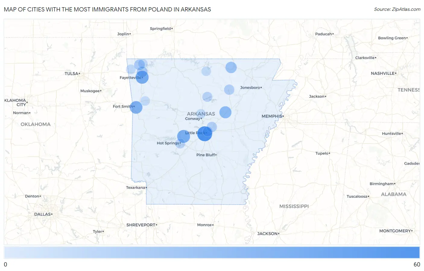 Cities with the Most Immigrants from Poland in Arkansas Map