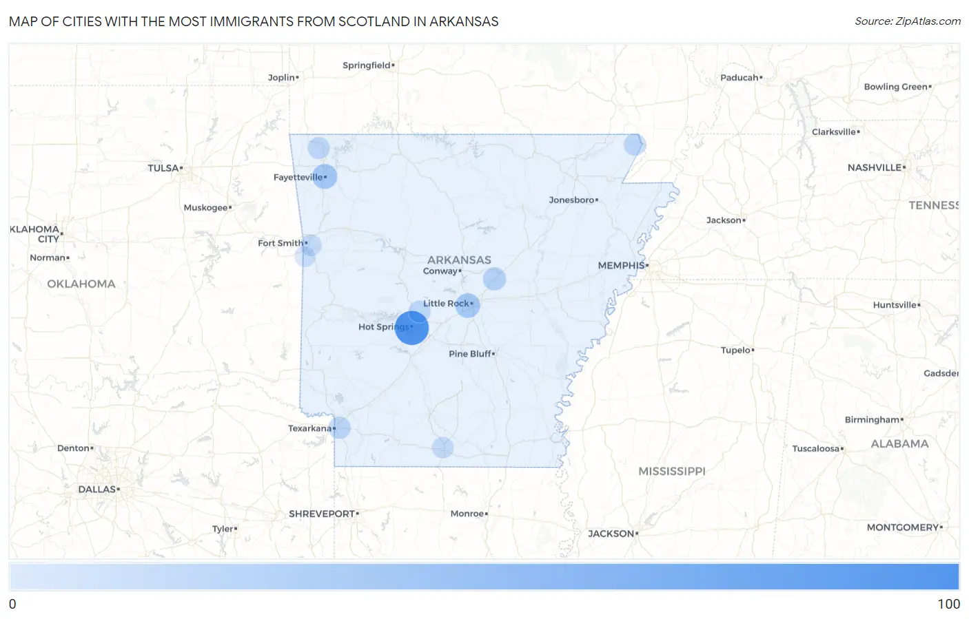 Cities with the Most Immigrants from Scotland in Arkansas Map