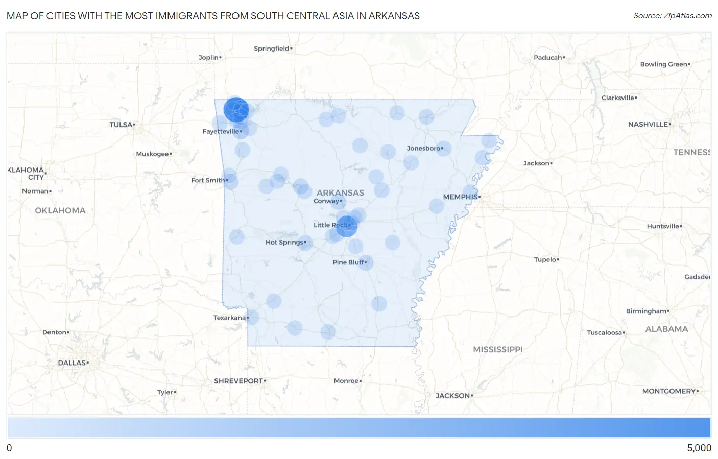 Cities with the Most Immigrants from South Central Asia in Arkansas Map