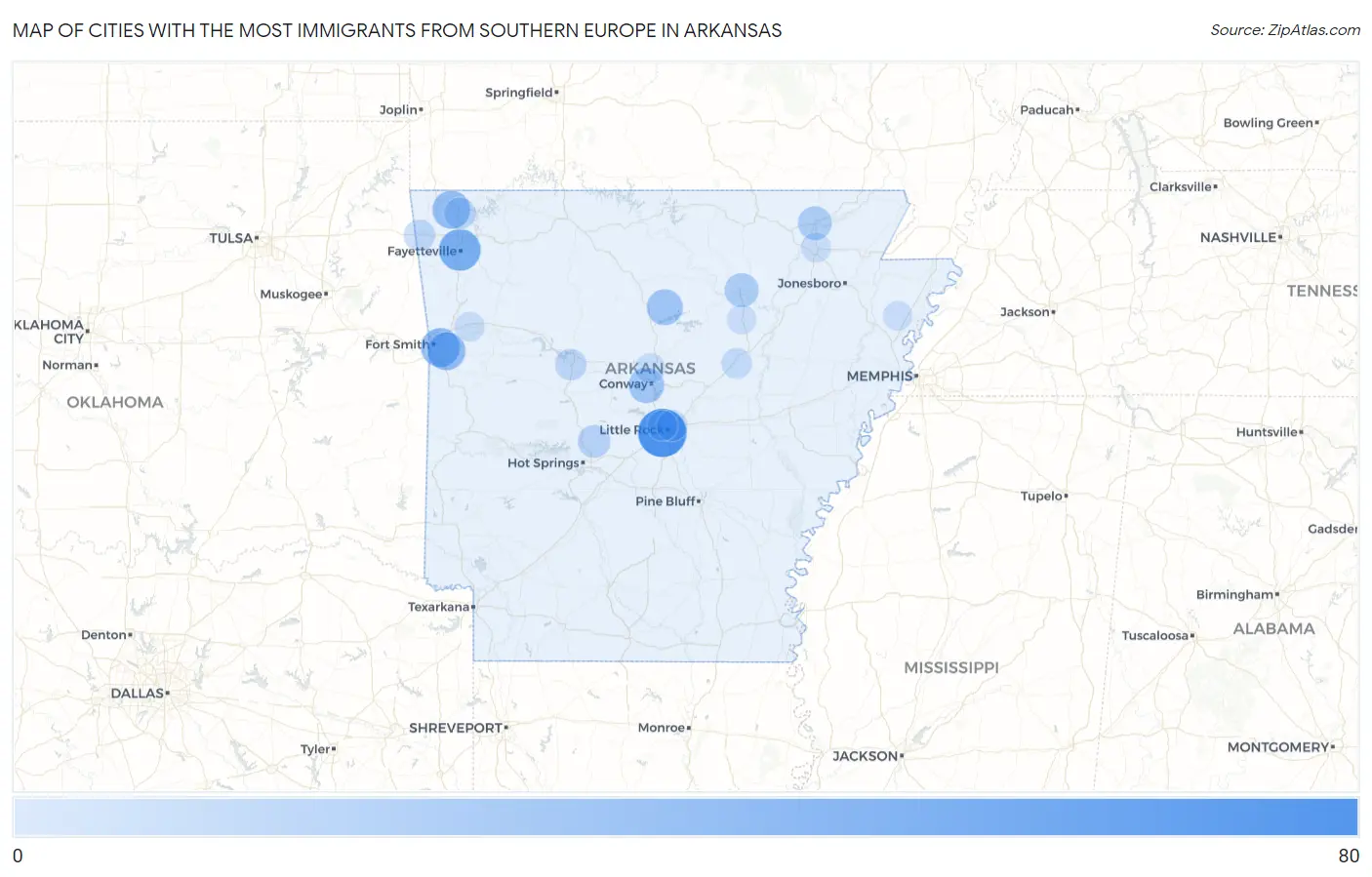 Cities with the Most Immigrants from Southern Europe in Arkansas Map