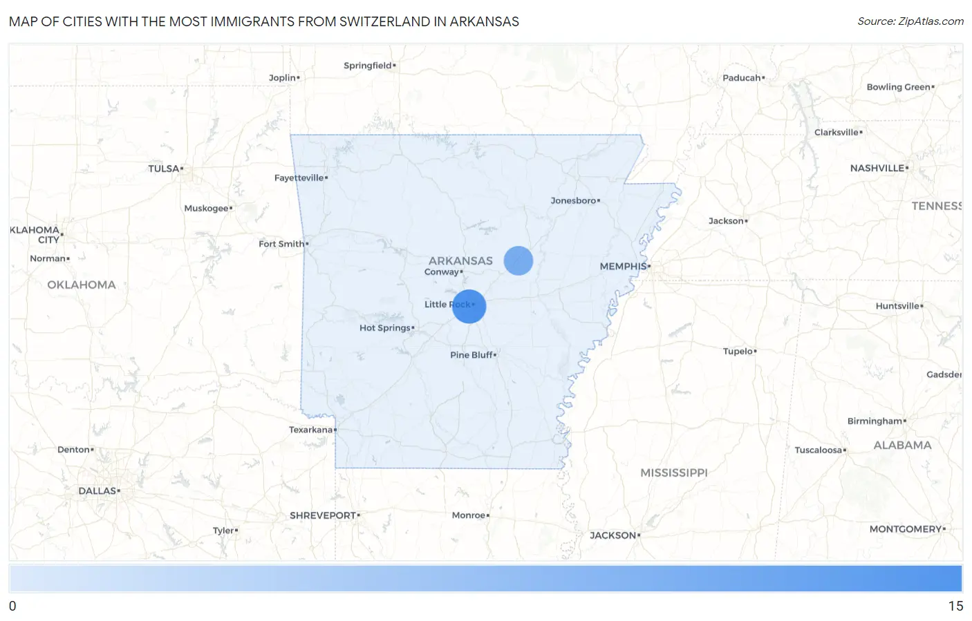 Cities with the Most Immigrants from Switzerland in Arkansas Map
