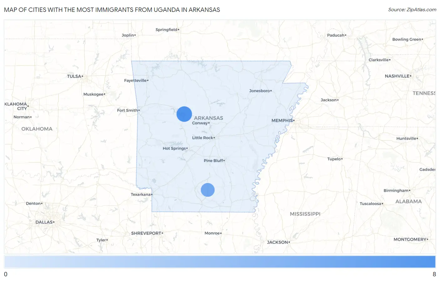 Cities with the Most Immigrants from Uganda in Arkansas Map