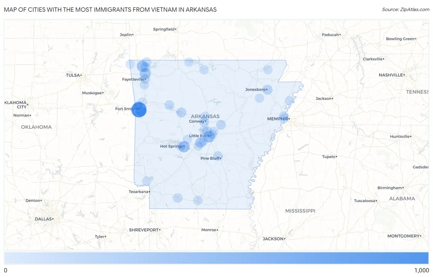 Cities with the Most Immigrants from Vietnam in Arkansas Map