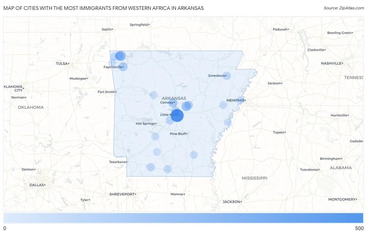 Cities with the Most Immigrants from Western Africa in Arkansas Map