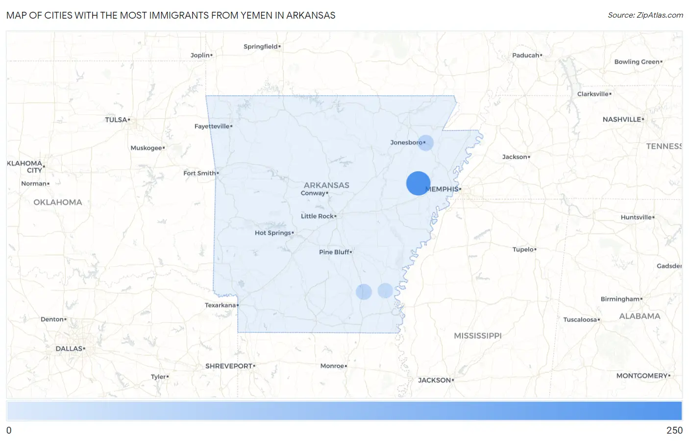 Cities with the Most Immigrants from Yemen in Arkansas Map