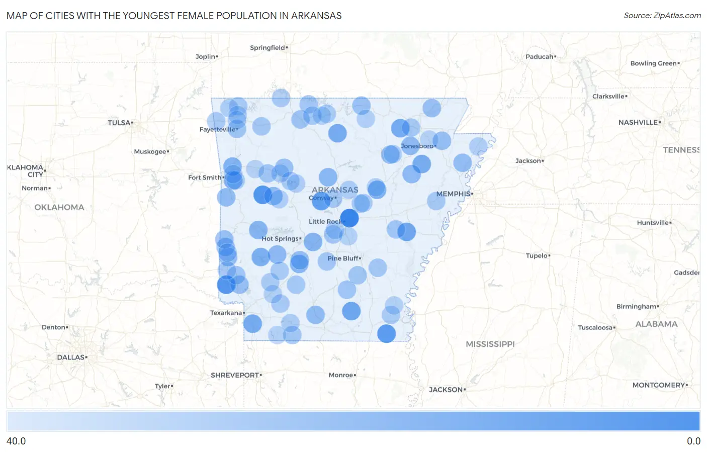 Cities with the Youngest Female Population in Arkansas Map