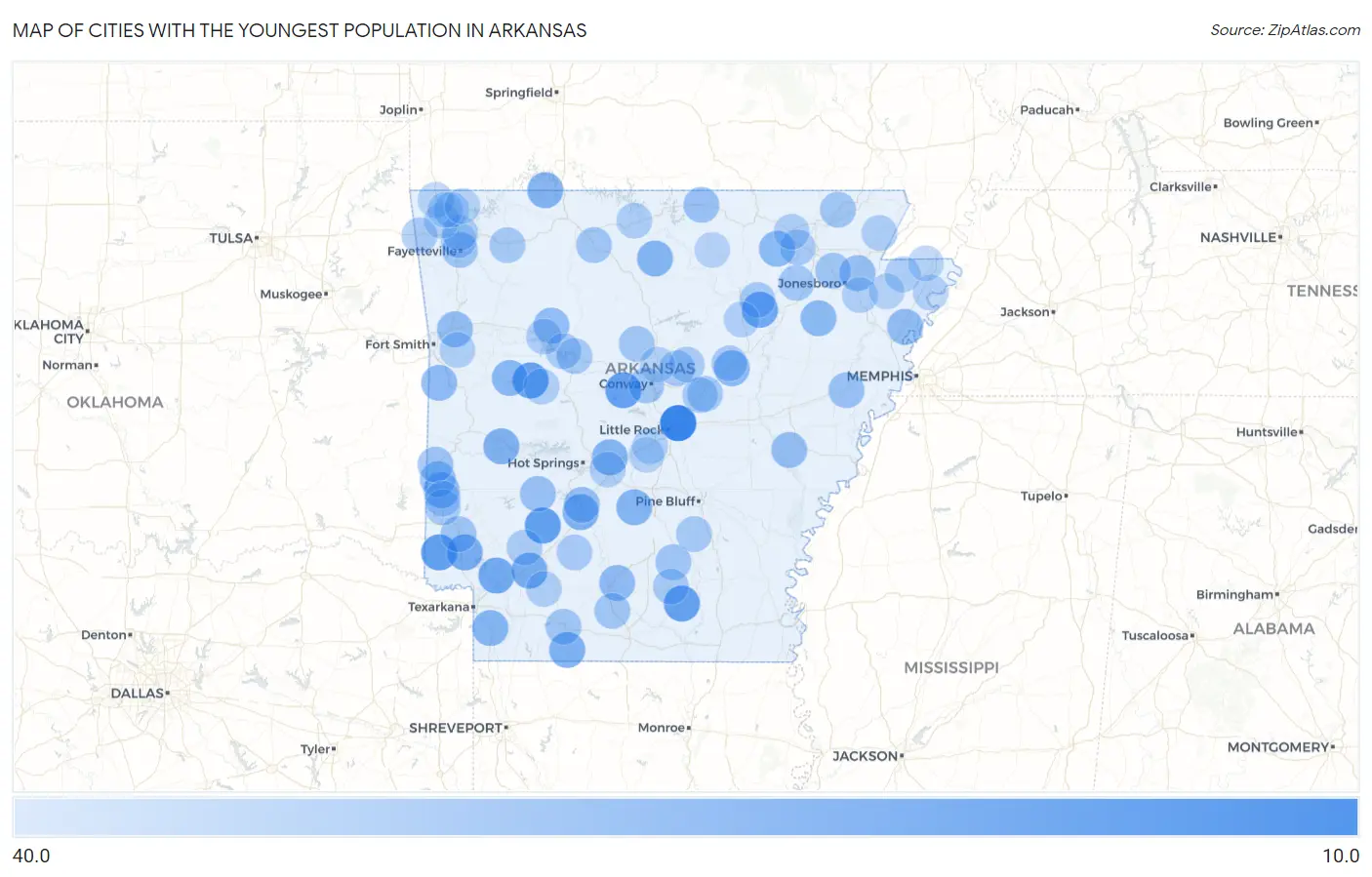 Cities with the Youngest Population in Arkansas Map