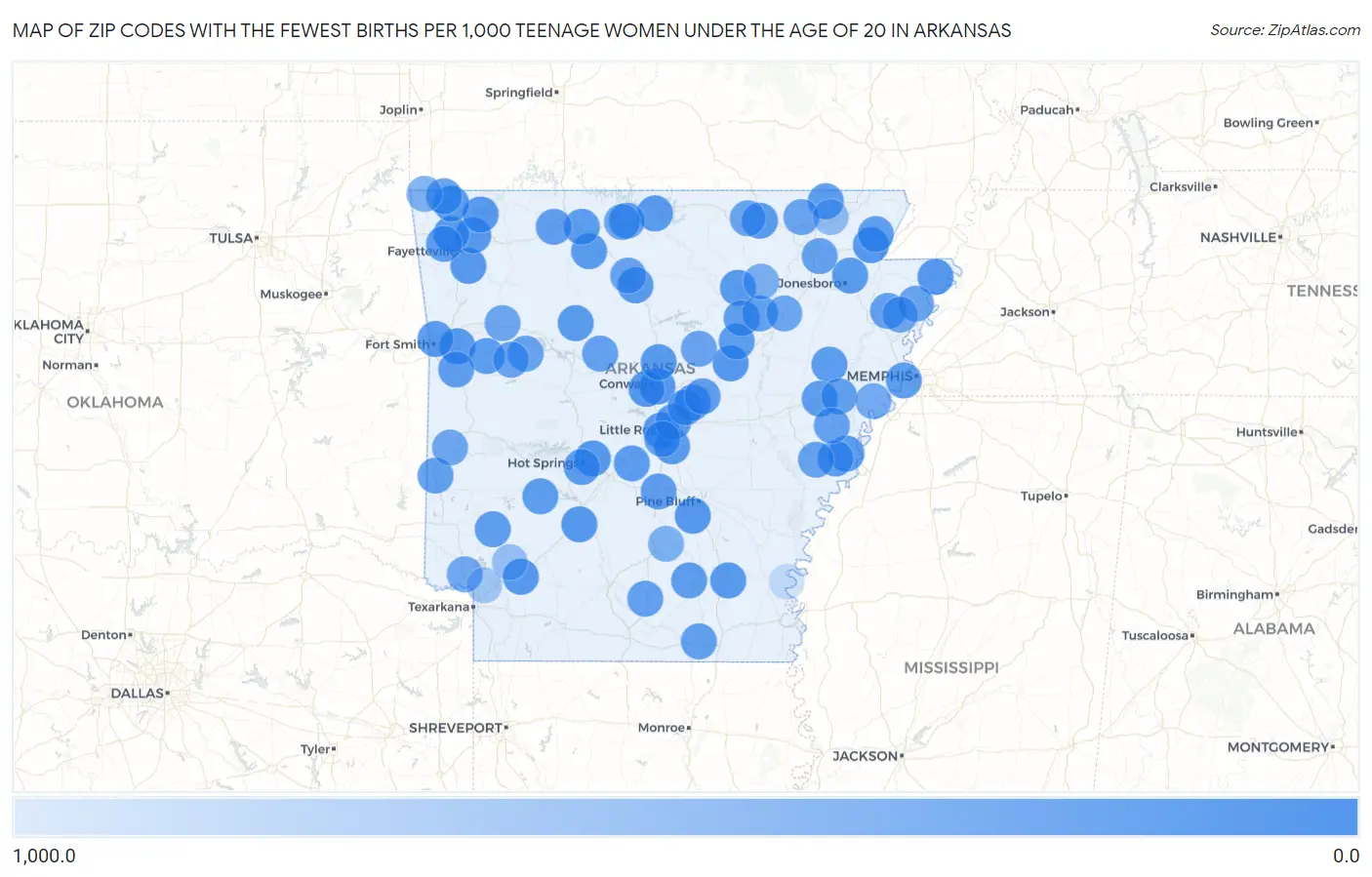 Zip Codes with the Fewest Births per 1,000 Teenage Women Under the Age of 20 in Arkansas Map