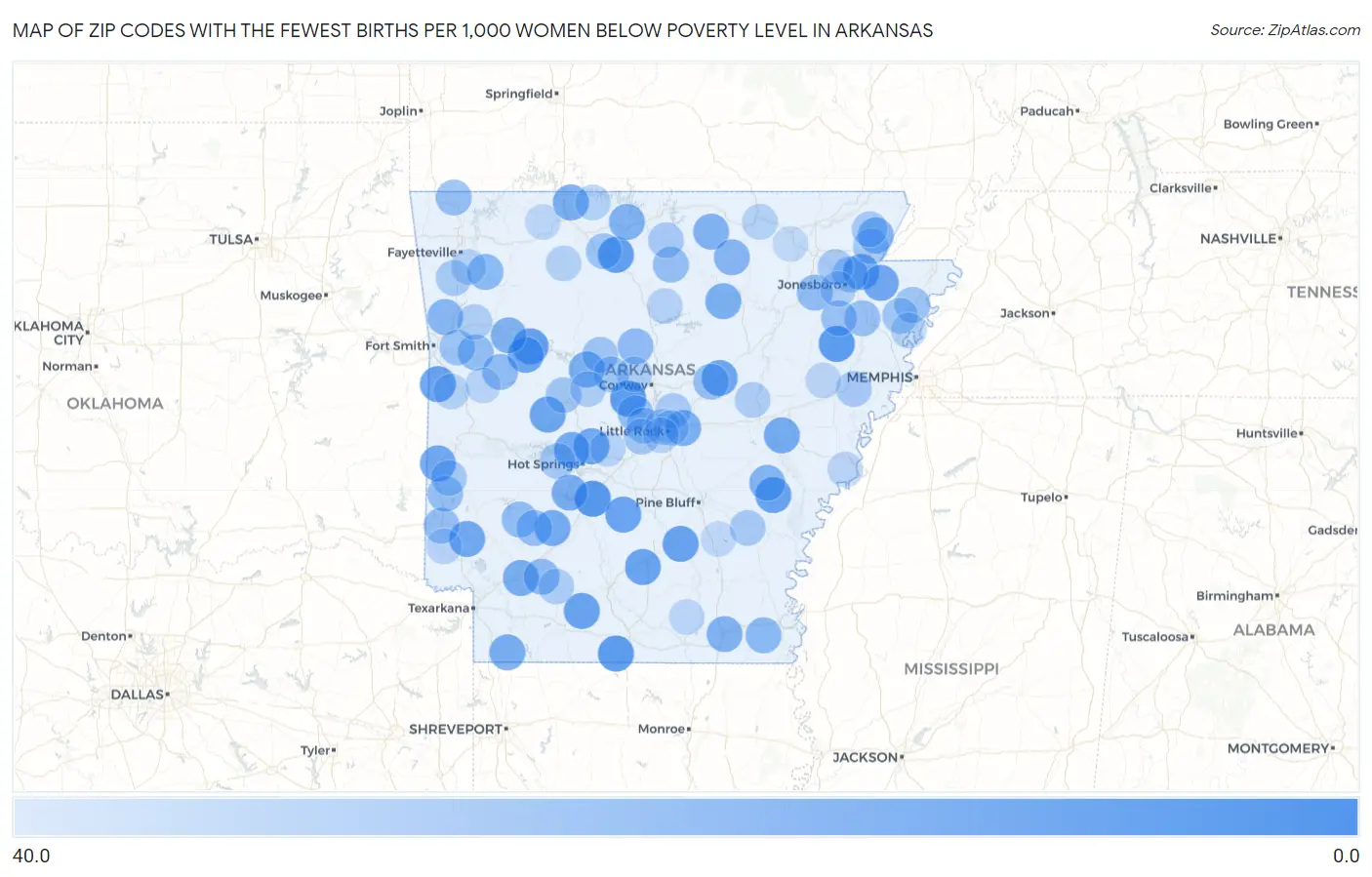 Zip Codes with the Fewest Births per 1,000 Women Below Poverty Level in Arkansas Map