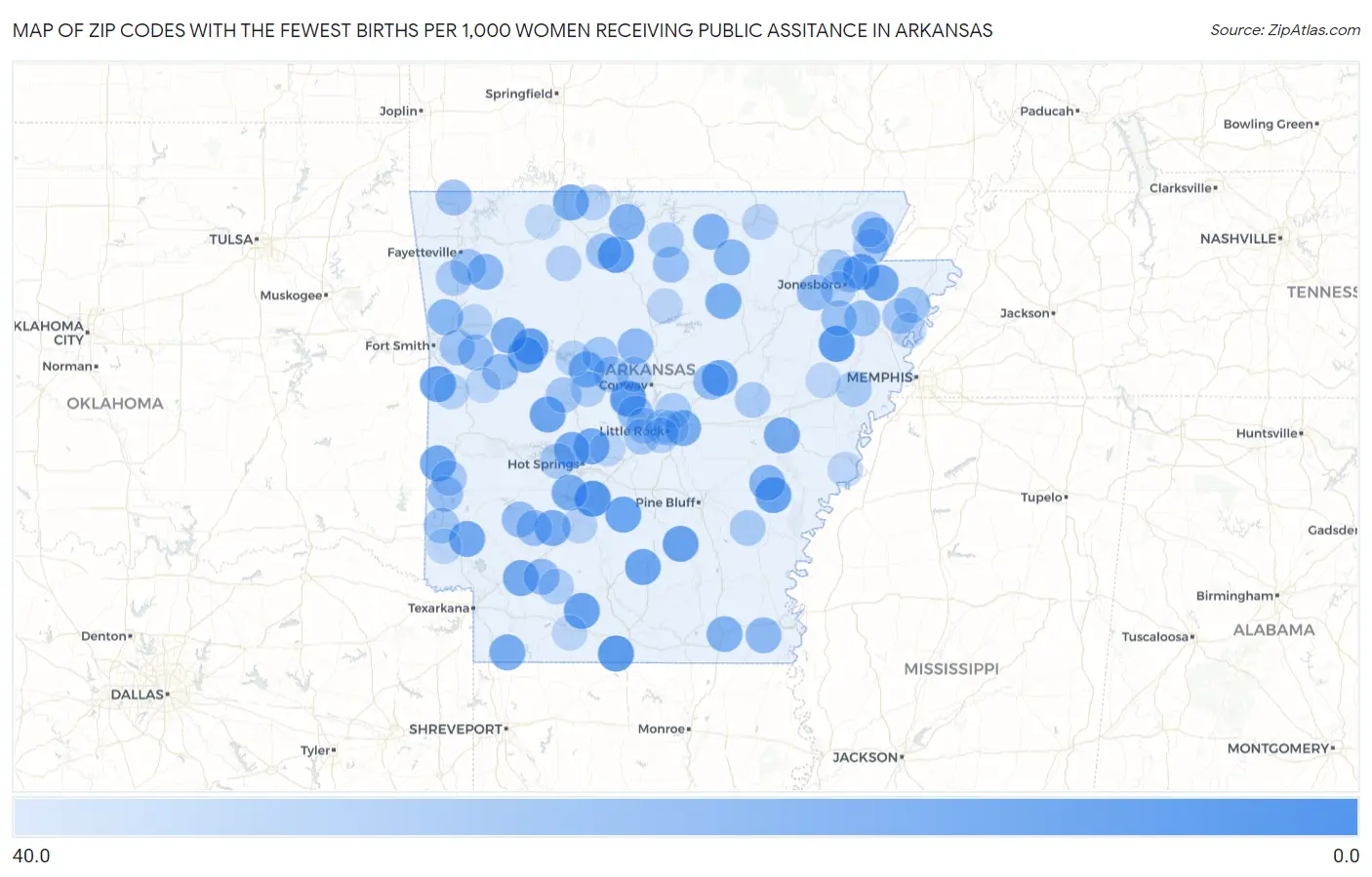 Zip Codes with the Fewest Births per 1,000 Women Receiving Public Assitance in Arkansas Map