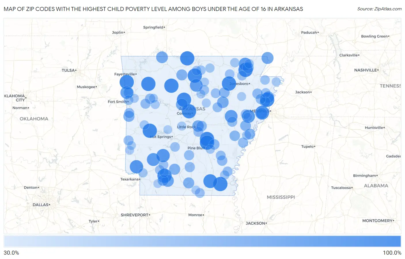 Zip Codes with the Highest Child Poverty Level Among Boys Under the Age of 16 in Arkansas Map
