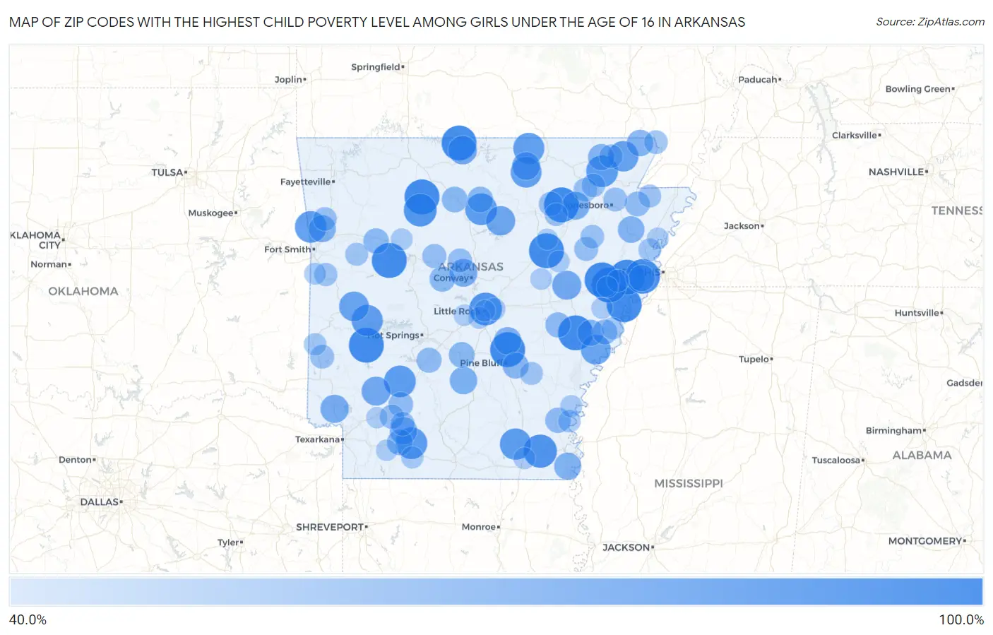 Zip Codes with the Highest Child Poverty Level Among Girls Under the Age of 16 in Arkansas Map