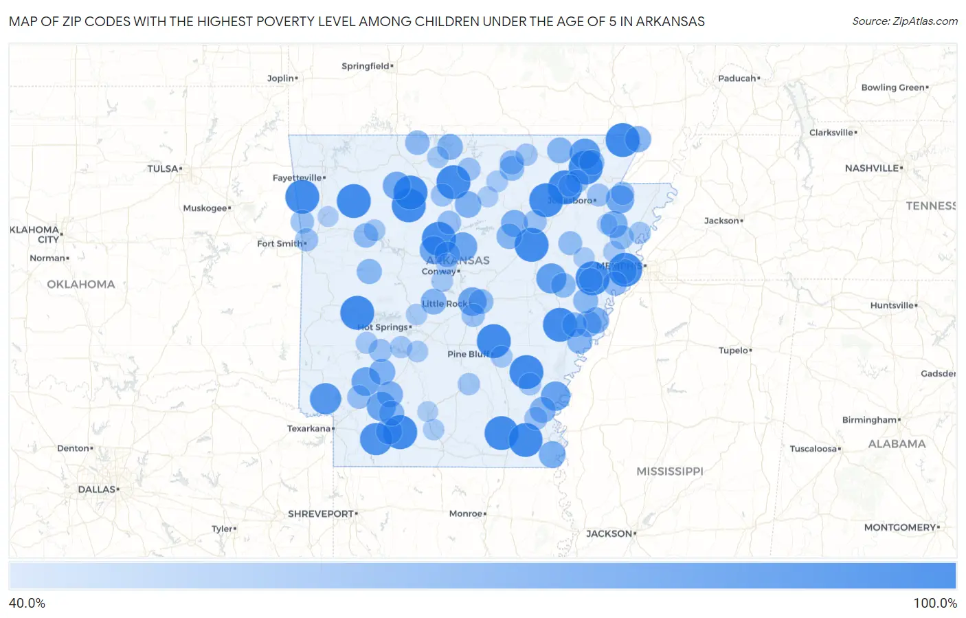 Zip Codes with the Highest Poverty Level Among Children Under the Age of 5 in Arkansas Map