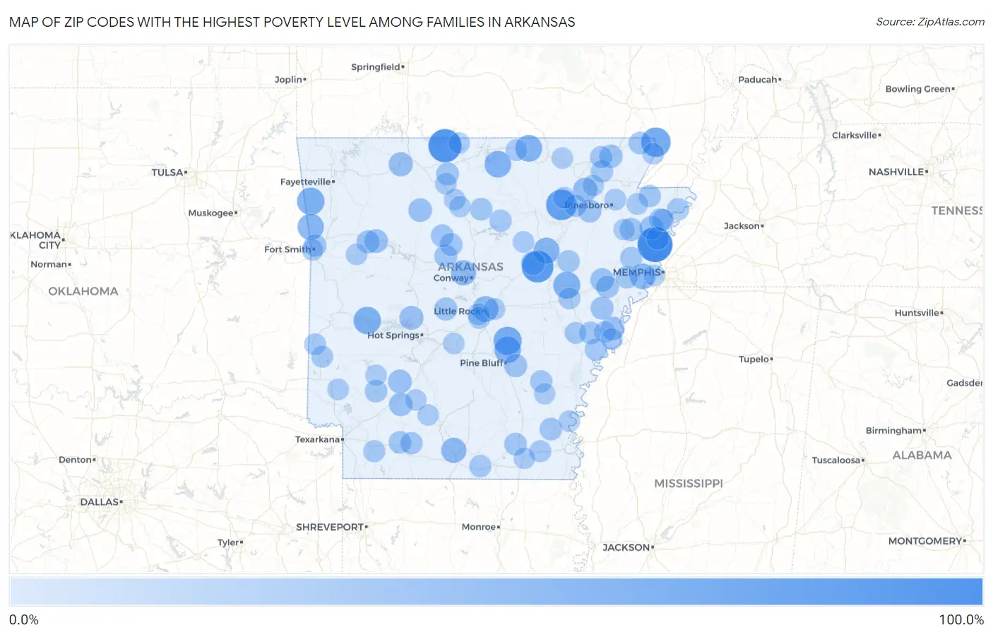 Zip Codes with the Highest Poverty Level Among Families in Arkansas Map
