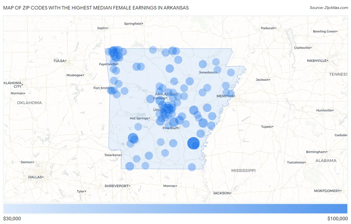 Zip Codes with the Highest Median Female Earnings in Arkansas Map