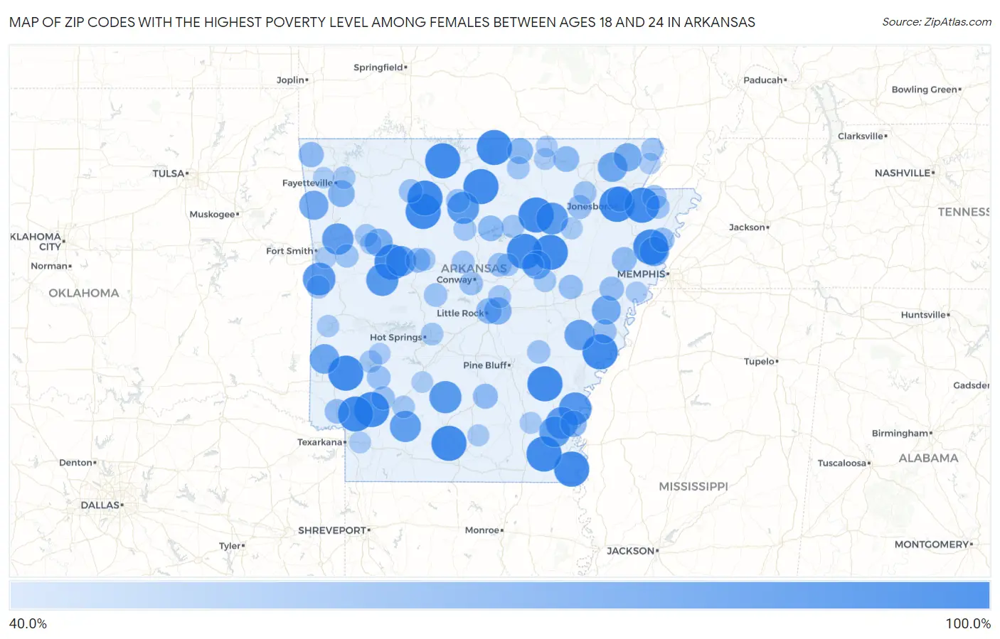 Zip Codes with the Highest Poverty Level Among Females Between Ages 18 and 24 in Arkansas Map