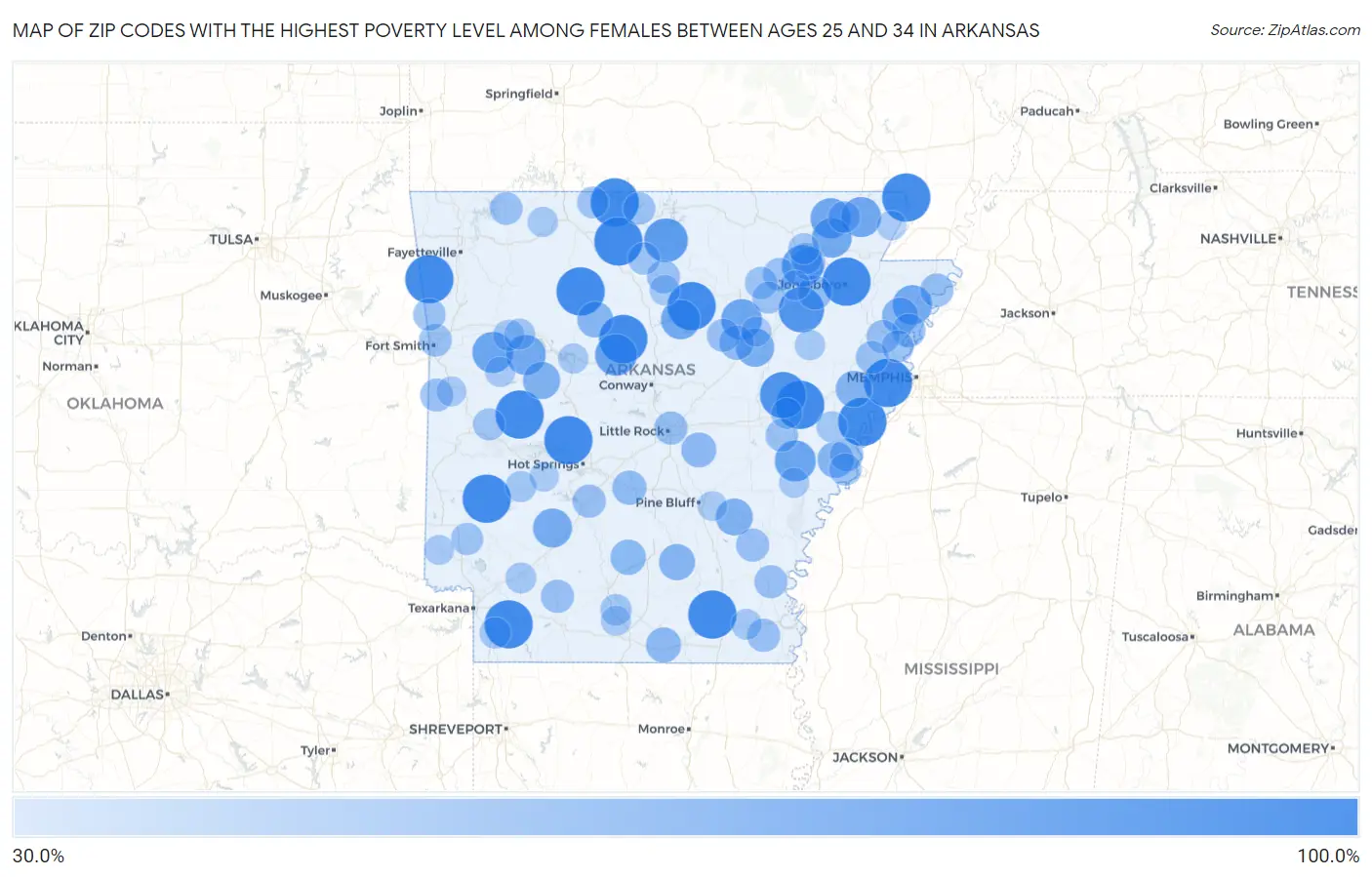 Zip Codes with the Highest Poverty Level Among Females Between Ages 25 and 34 in Arkansas Map