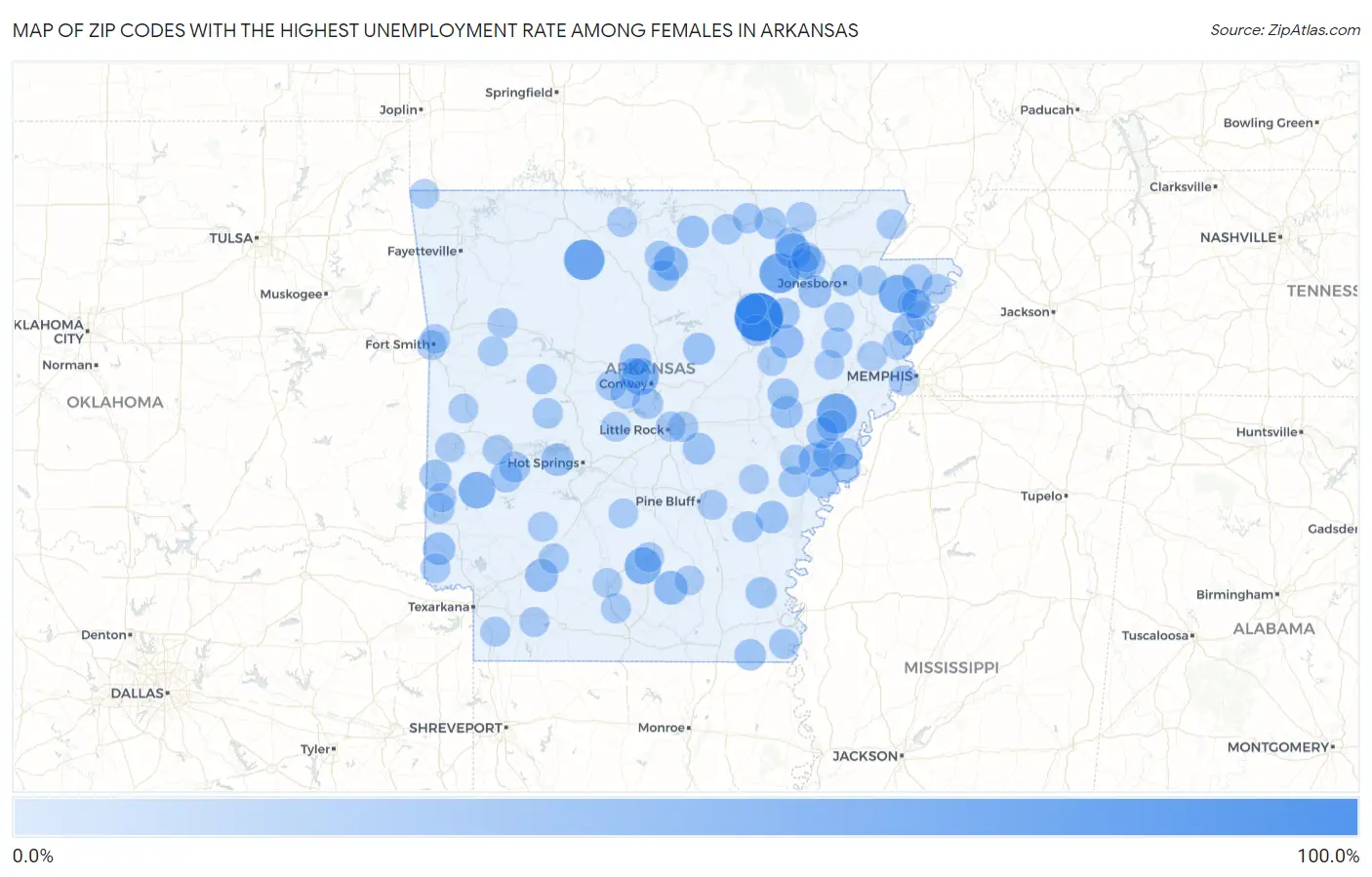 Zip Codes with the Highest Unemployment Rate Among Females in Arkansas Map