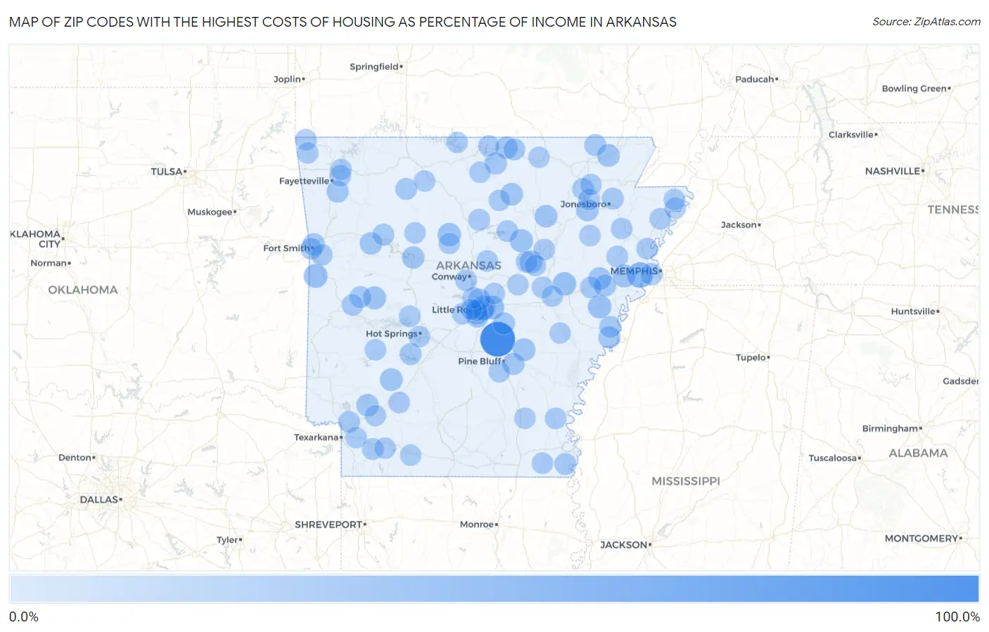 Zip Codes with the Highest Costs of Housing as Percentage of Income in Arkansas Map