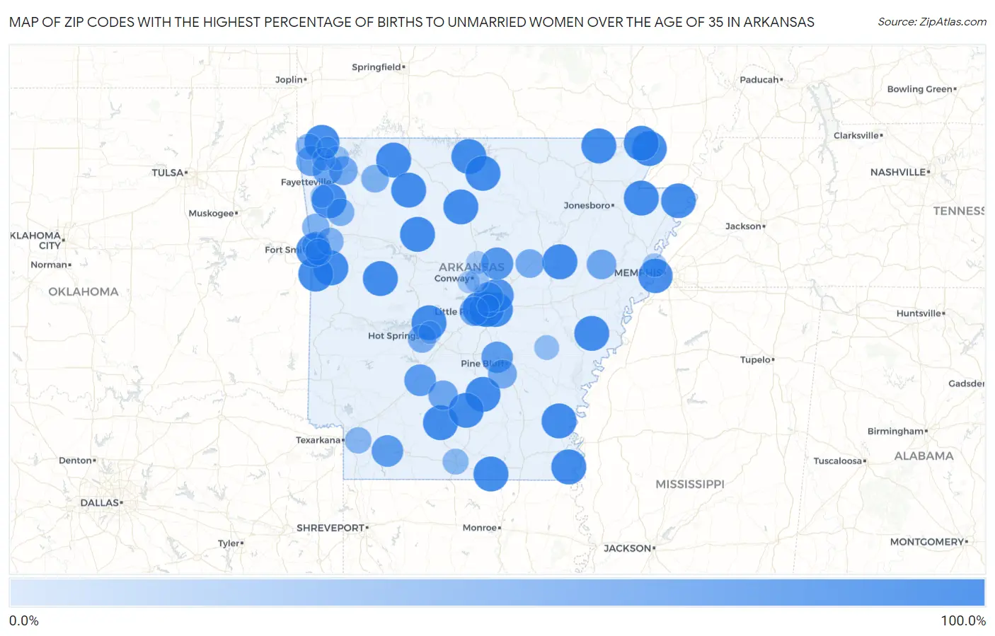 Zip Codes with the Highest Percentage of Births to Unmarried Women over the Age of 35 in Arkansas Map