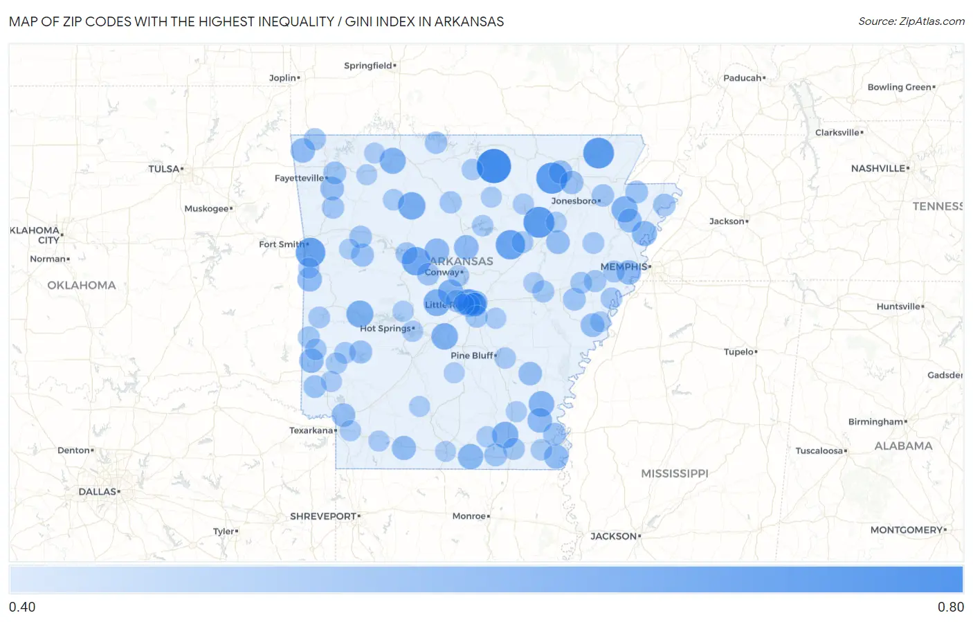 Zip Codes with the Highest Inequality / Gini Index in Arkansas Map