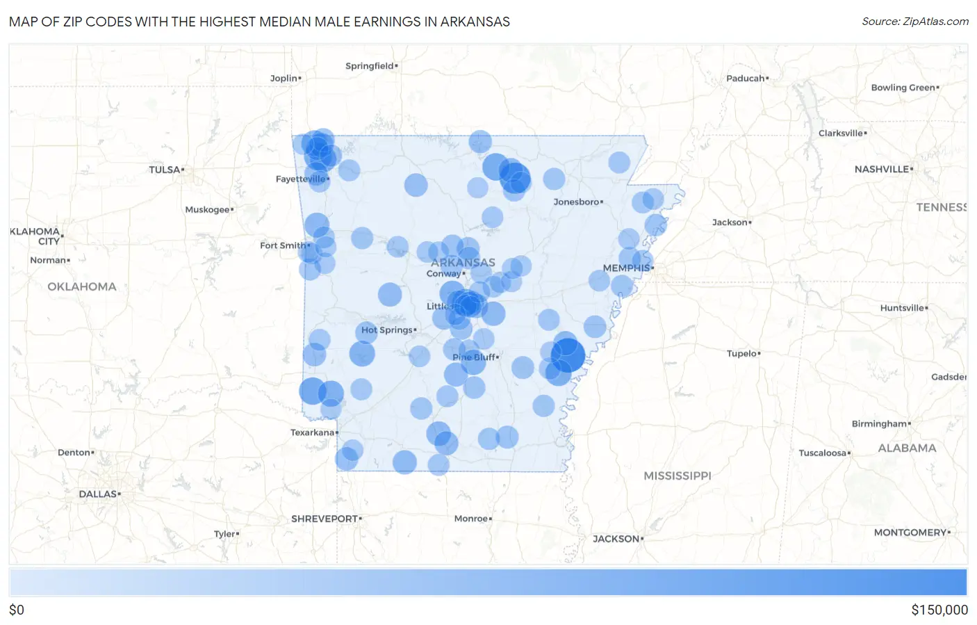 Zip Codes with the Highest Median Male Earnings in Arkansas Map