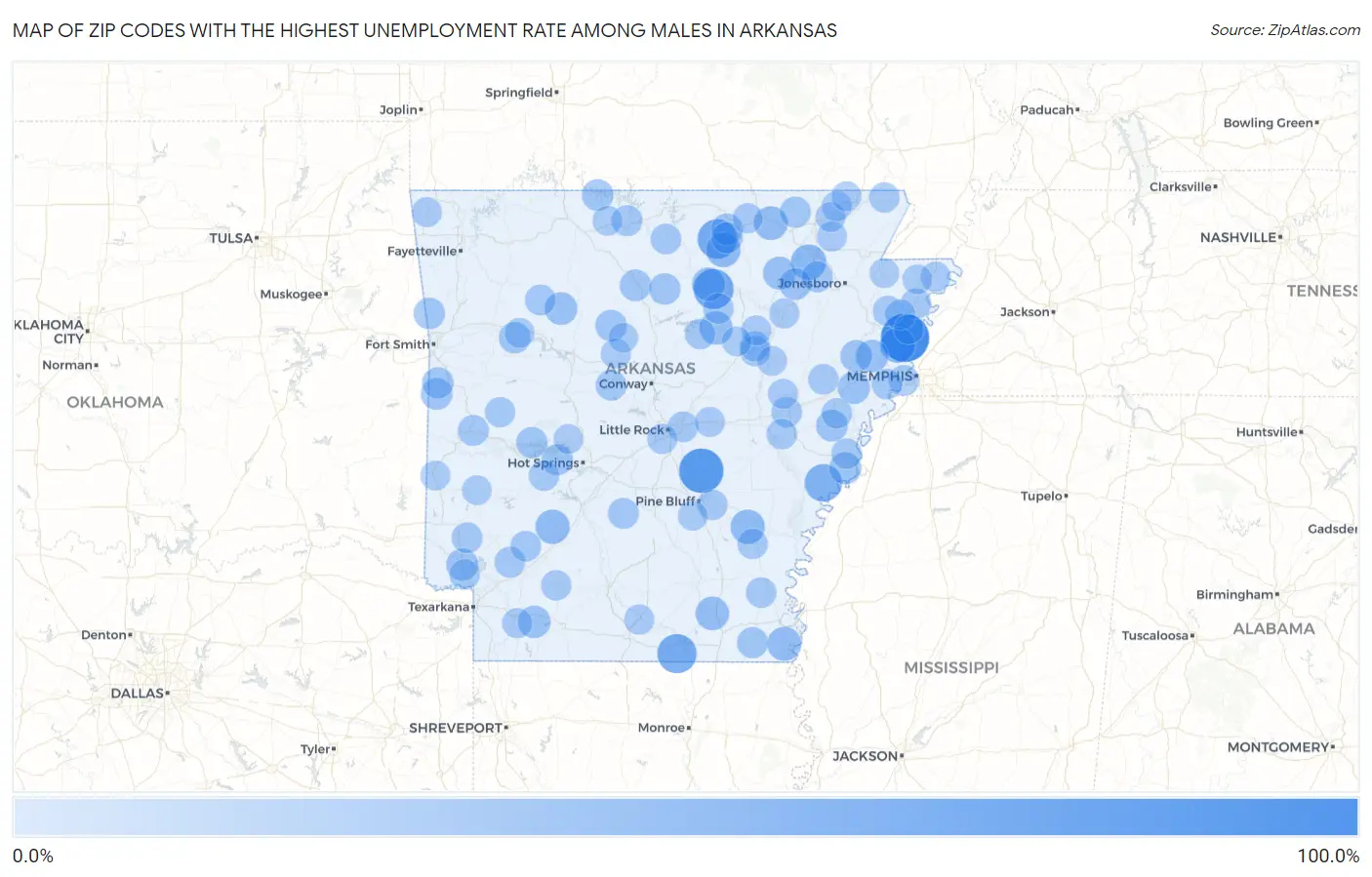 Zip Codes with the Highest Unemployment Rate Among Males in Arkansas Map
