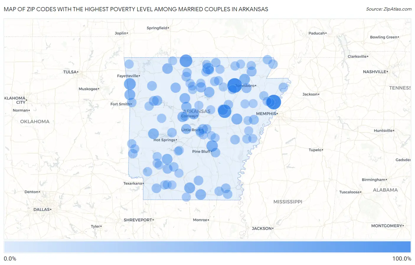 Zip Codes with the Highest Poverty Level Among Married Couples in Arkansas Map