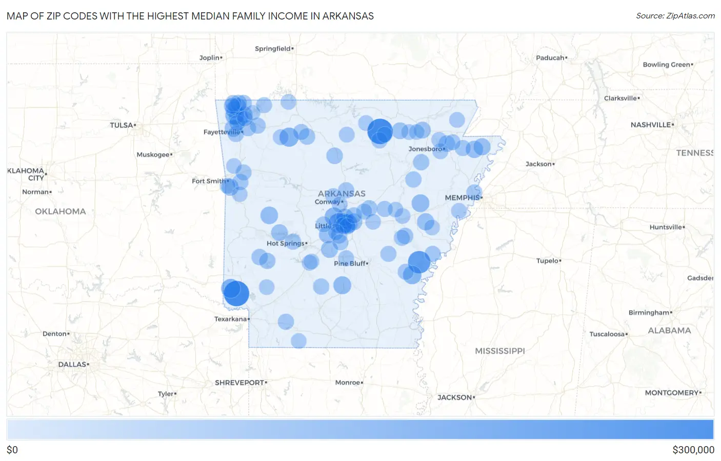Zip Codes with the Highest Median Family Income in Arkansas Map