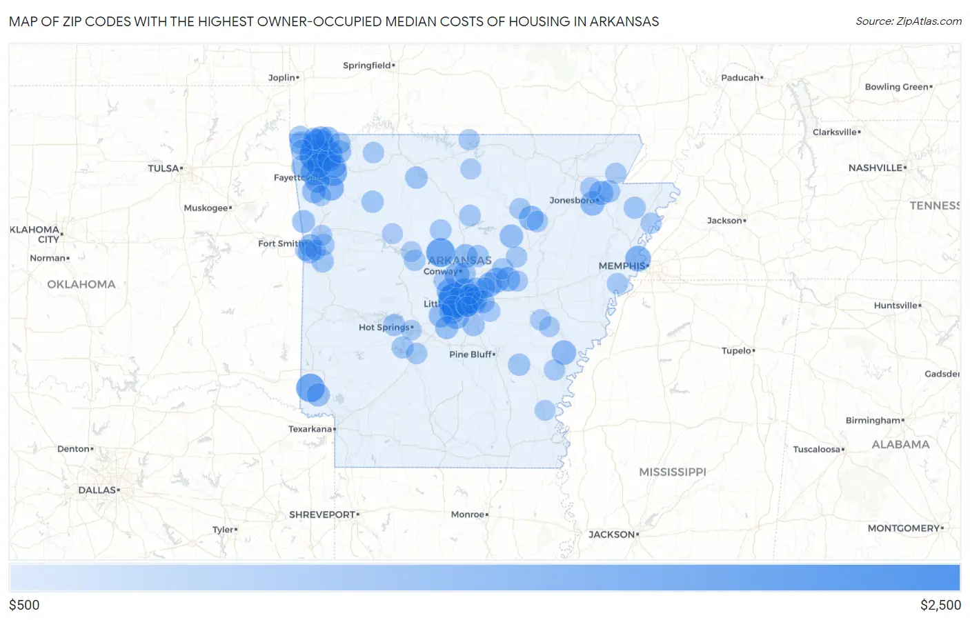 Zip Codes with the Highest Owner-Occupied Median Costs of Housing in Arkansas Map