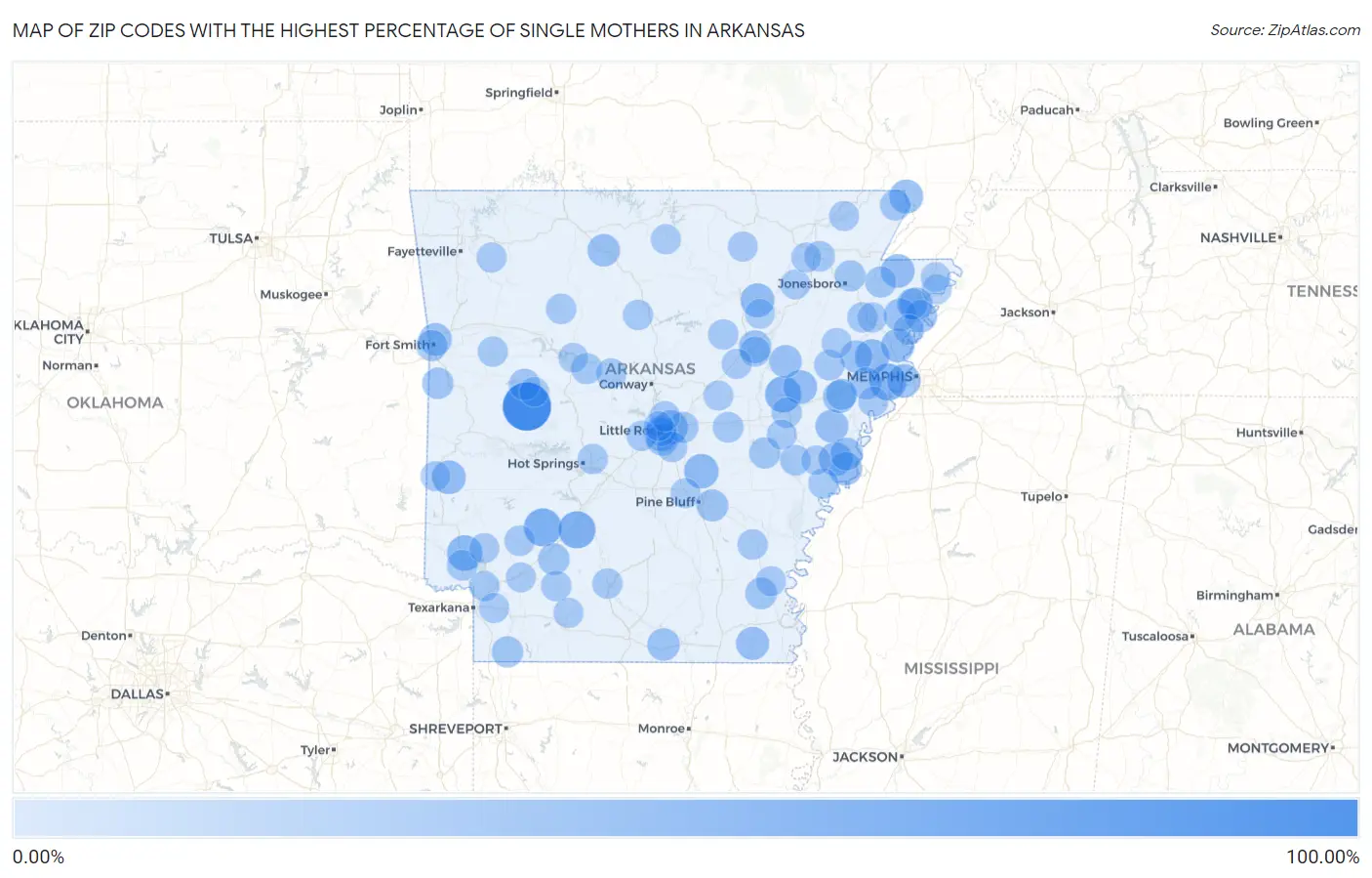 Zip Codes with the Highest Percentage of Single Mothers in Arkansas Map