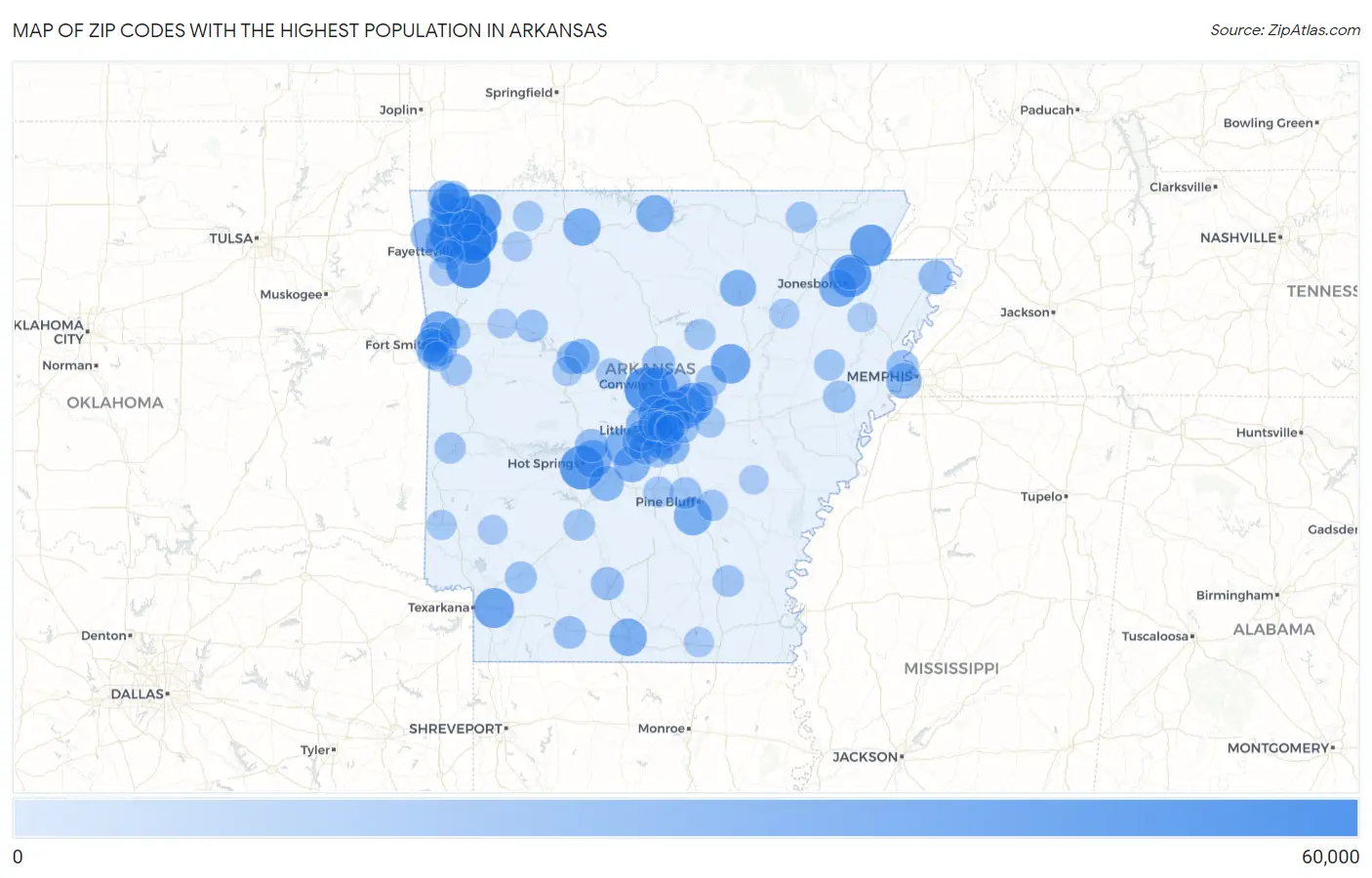 Zip Codes with the Highest Population in Arkansas Map