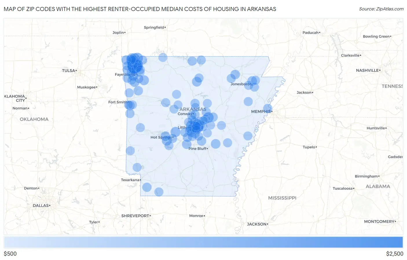Zip Codes with the Highest Renter-Occupied Median Costs of Housing in Arkansas Map