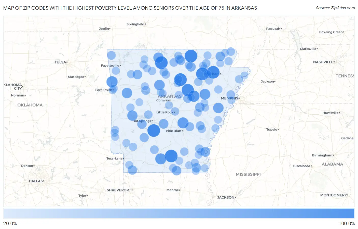 Zip Codes with the Highest Poverty Level Among Seniors Over the Age of 75 in Arkansas Map