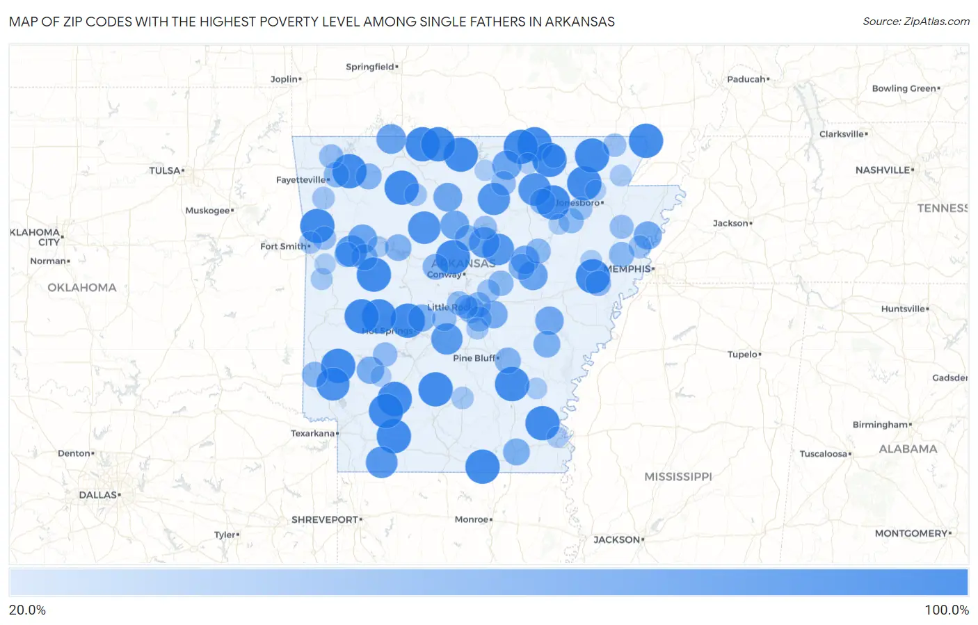 Zip Codes with the Highest Poverty Level Among Single Fathers in Arkansas Map