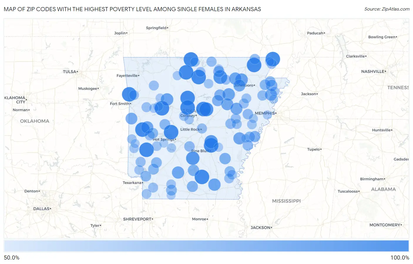 Zip Codes with the Highest Poverty Level Among Single Females in Arkansas Map