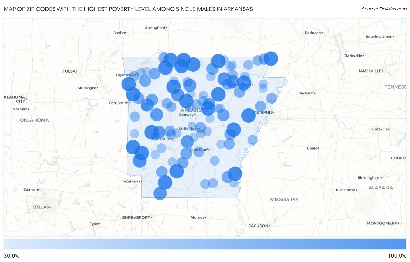 Zip Codes with the Highest Poverty Level Among Single Males in Arkansas Map