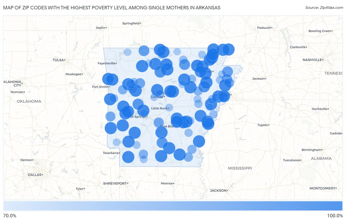 Zip Codes with the Highest Poverty Level Among Single Mothers in Arkansas Map
