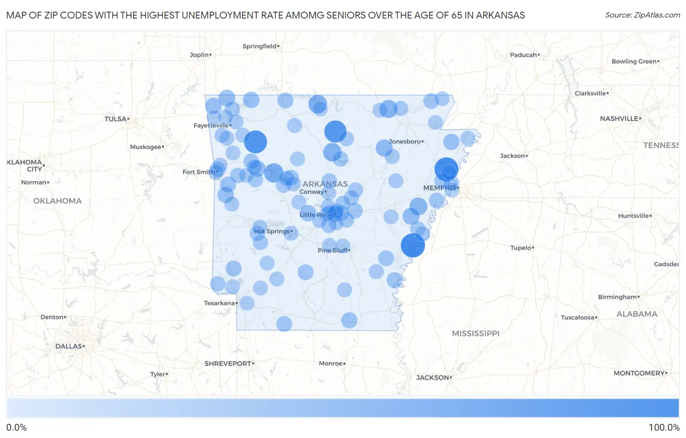 Zip Codes with the Highest Unemployment Rate Amomg Seniors Over the Age of 65 in Arkansas Map