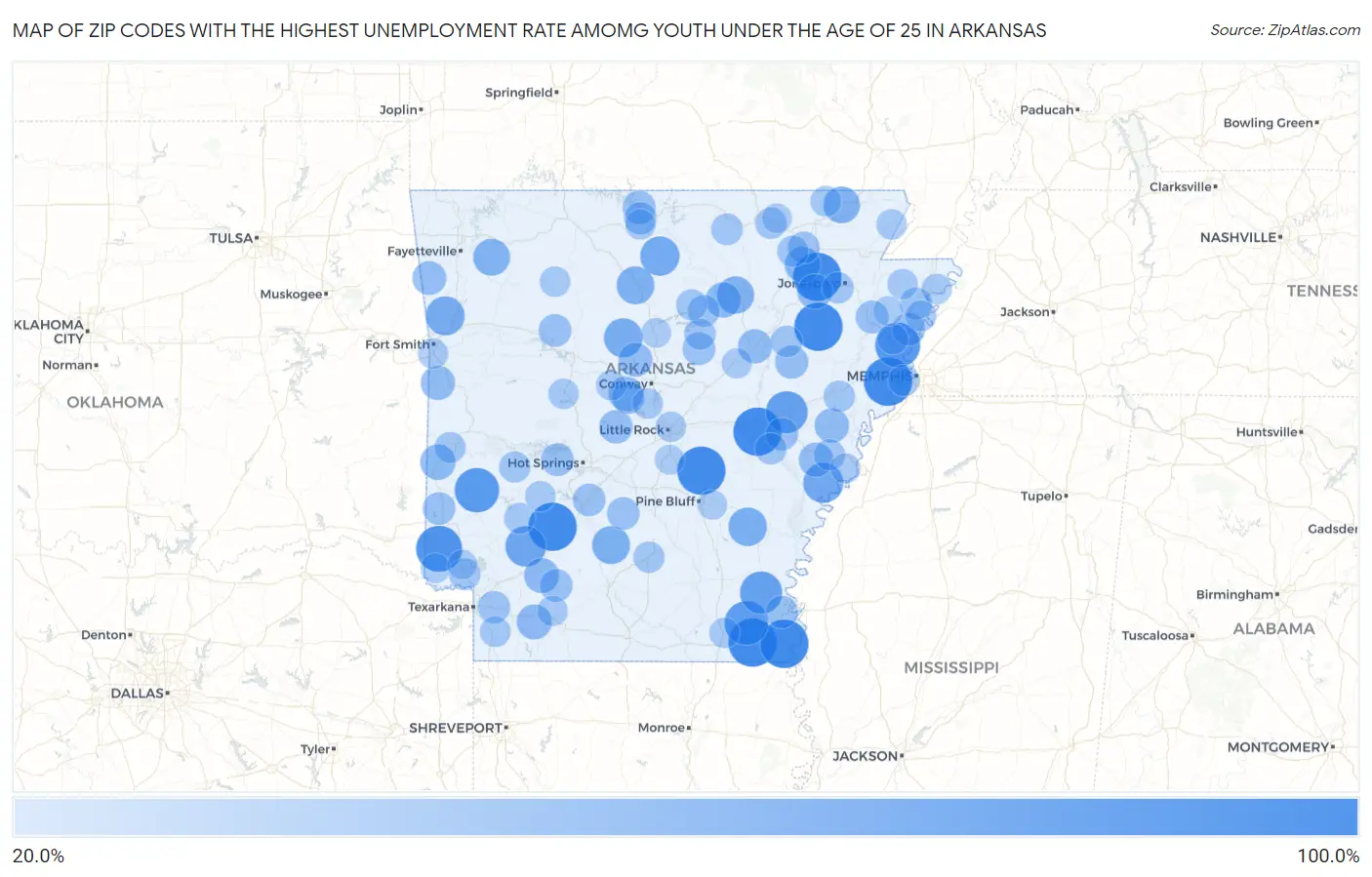 Zip Codes with the Highest Unemployment Rate Amomg Youth Under the Age of 25 in Arkansas Map