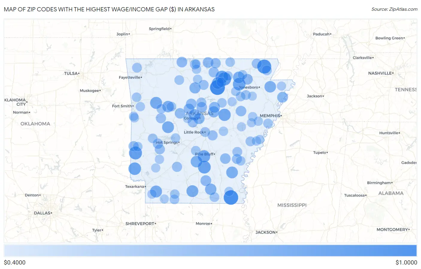 Zip Codes with the Highest Wage/Income Gap ($) in Arkansas Map