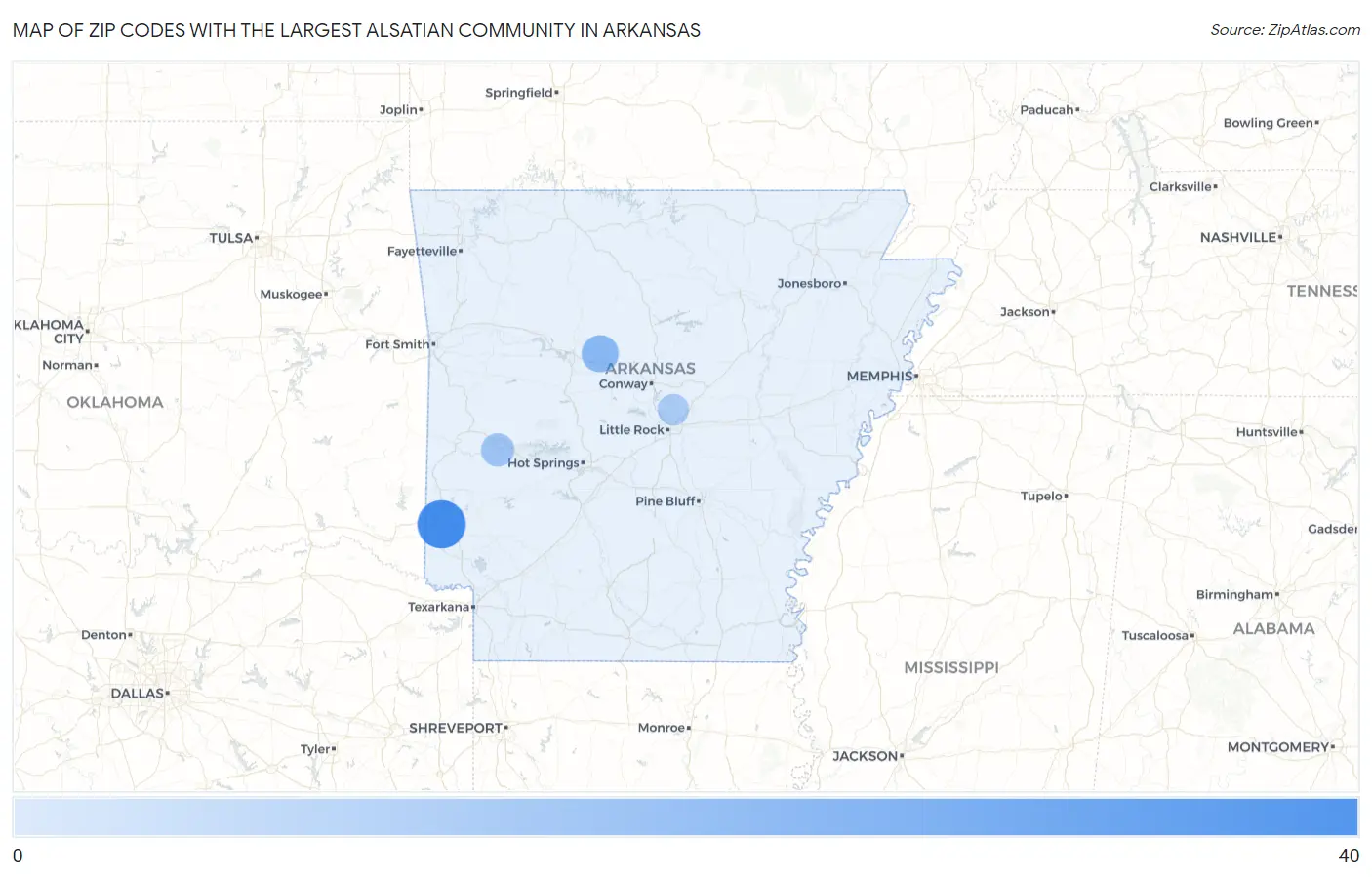 Zip Codes with the Largest Alsatian Community in Arkansas Map