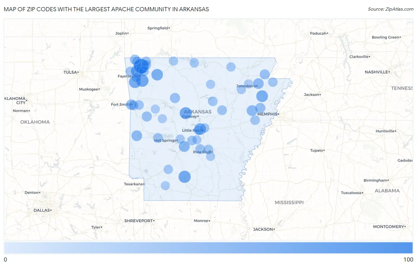 Zip Codes with the Largest Apache Community in Arkansas Map