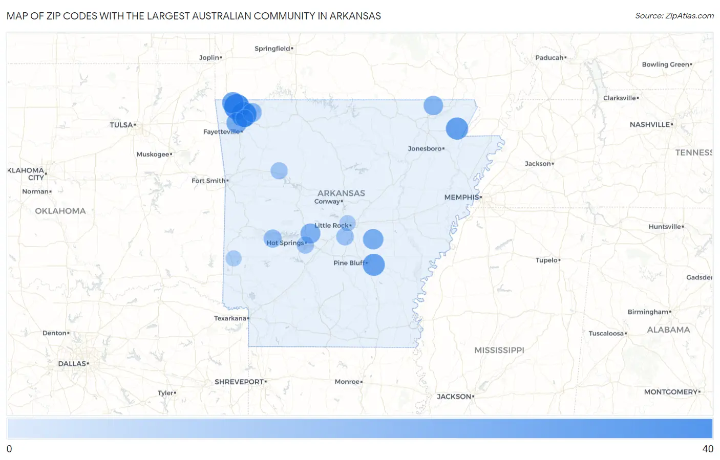 Zip Codes with the Largest Australian Community in Arkansas Map