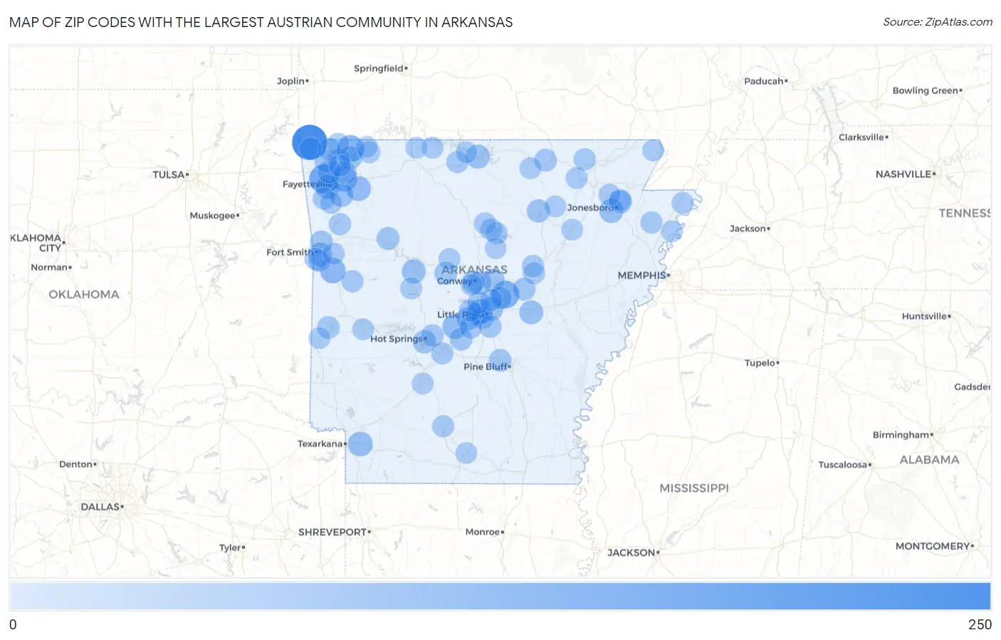 Zip Codes with the Largest Austrian Community in Arkansas Map