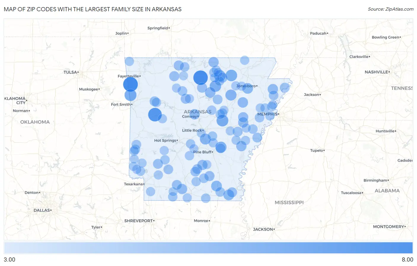 Zip Codes with the Largest Family Size in Arkansas Map