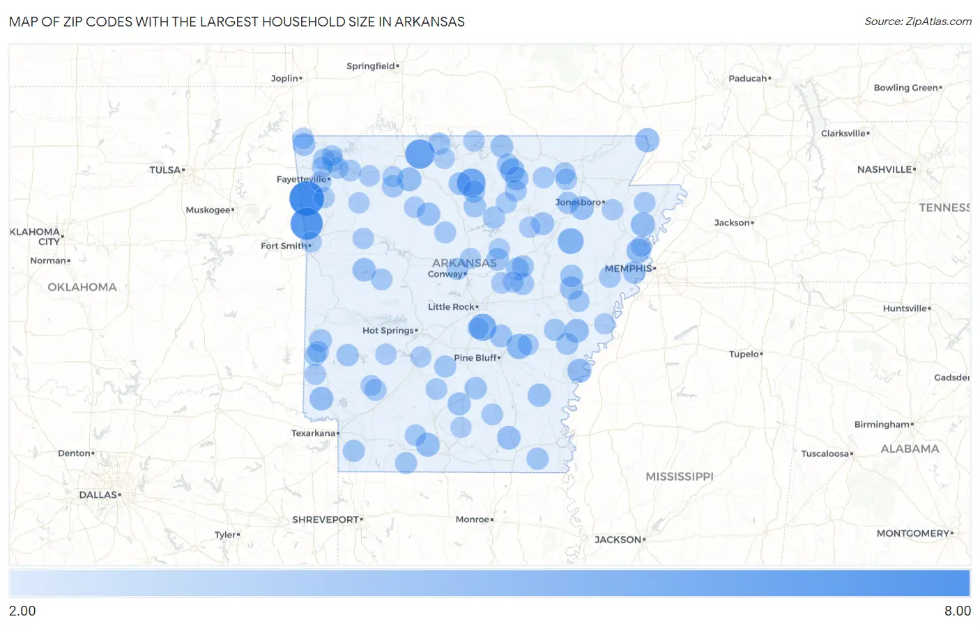 Zip Codes with the Largest Household Size in Arkansas Map