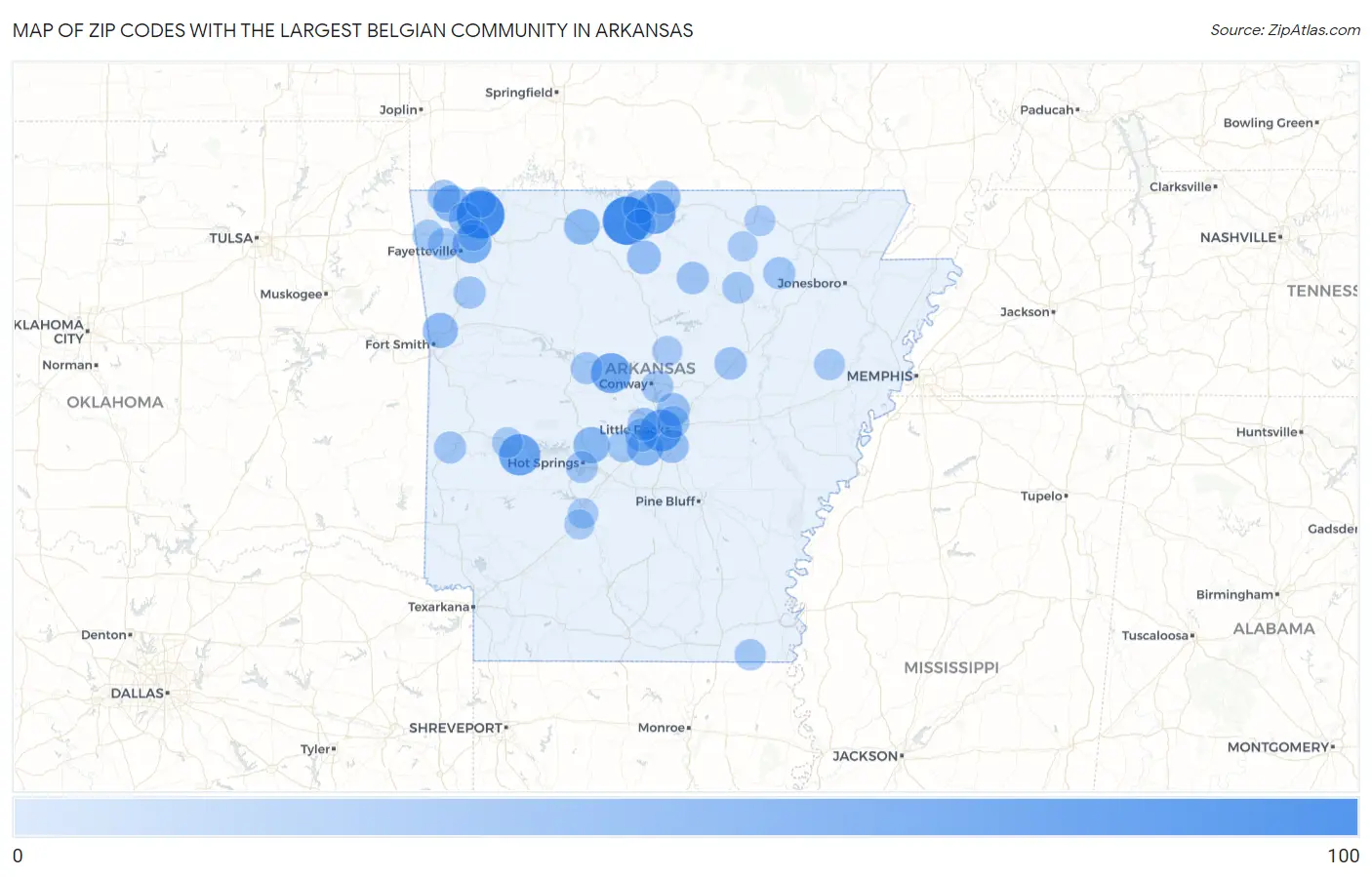 Zip Codes with the Largest Belgian Community in Arkansas Map